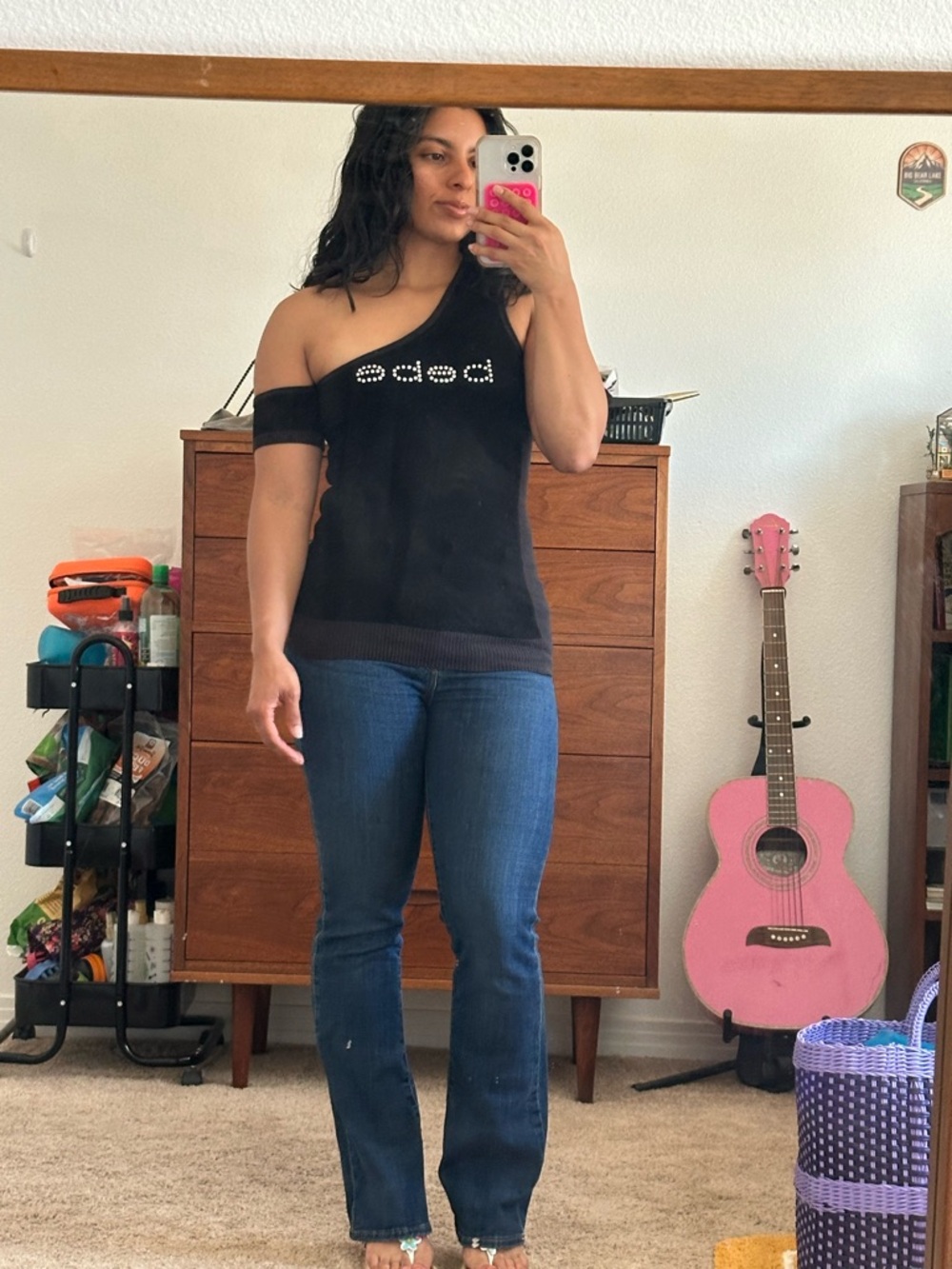 Y2K Bebe Black One-Shoulder Studded Logo Tank